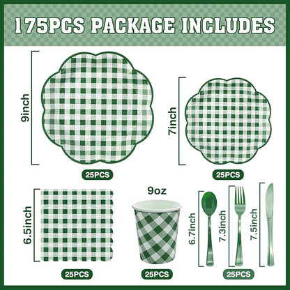 175 Pcs Green Gingham Plates and Napkins Party Supplies -  Serve 25 Guests