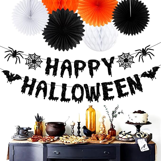13 Piece Orange &amp; Black Halloween Party Decorations - Banner + Poms
