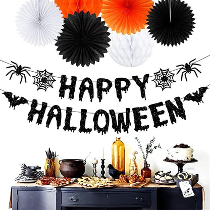 13 Piece Orange &amp; Black Halloween Party Decorations - Banner + Poms