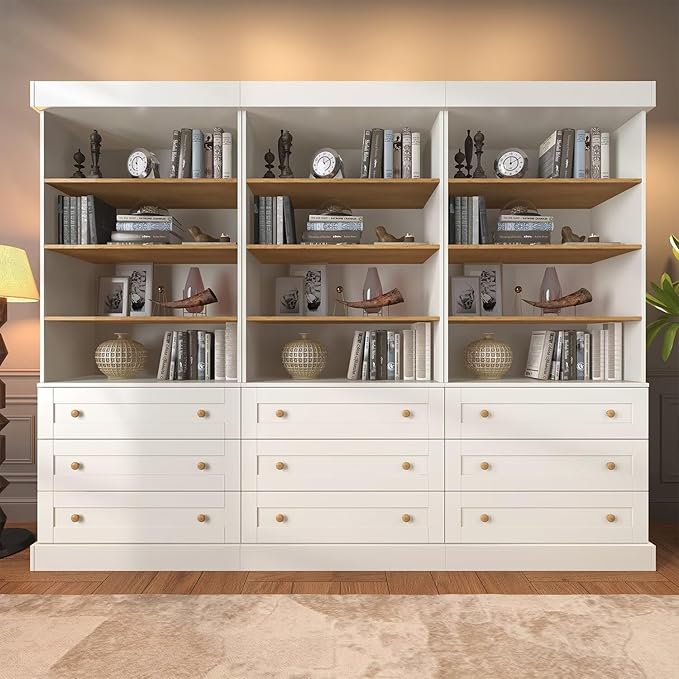 Tall Farmhouse Bookshelves with Drawers, Set of 3 – White