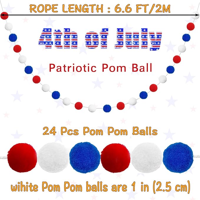 Patriotic Red White Blue Felt Ball Garland - Set of 3, 6.6ft Each