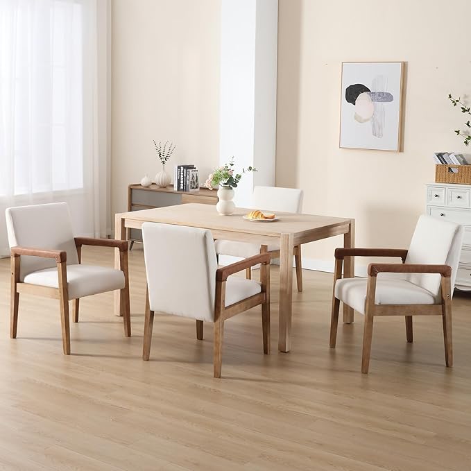 Set of 6 Linen Fabric Upholstered Dining Chairs - White