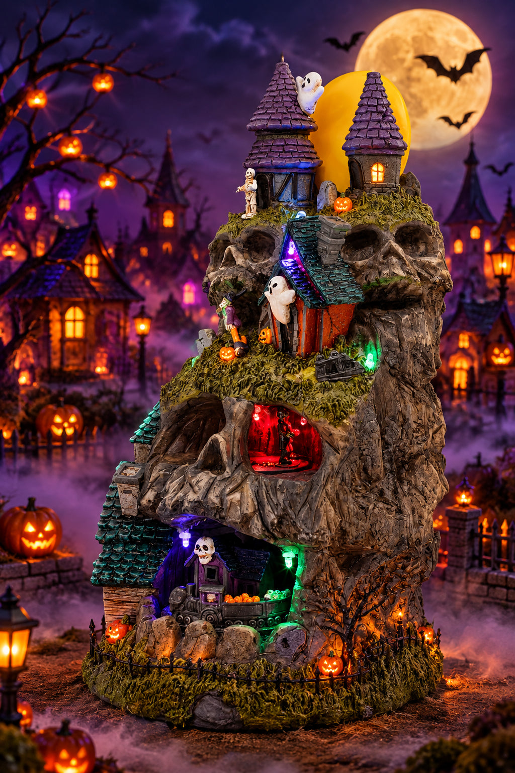 Skullstone Hollow Skull - Spooky Halloween Village - Multi-Color LED Lights, Animated Motion and Music - 7.75" x 7.5" x 13.5"