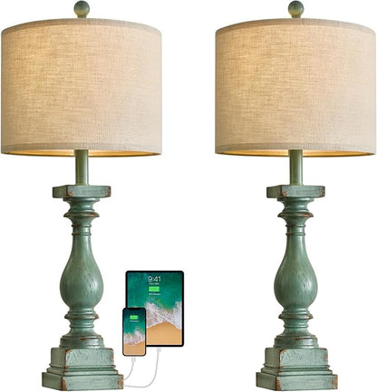 Set of 2 Farmhouse Table Lamps with USB A+C - Green
