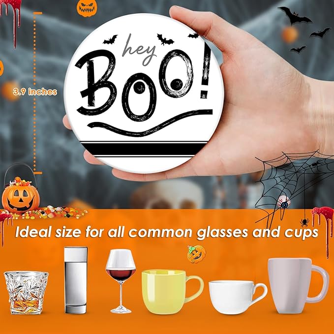 Set of 6 Halloween Hey Boo Black &amp; White Ceramic Stone Drink Coasters with Cork Base and Metal Holder