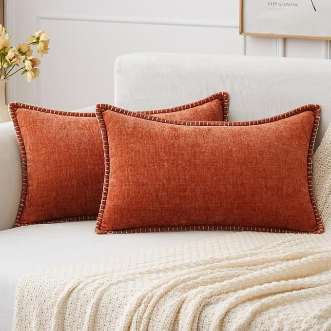 2 Pc Stitched Edge Soft Chenille Pillow Covers - 12 x 20 inch, Burnt Orange