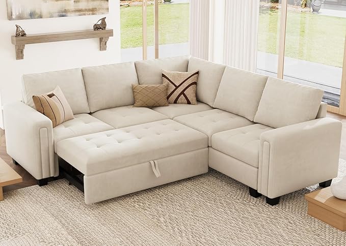 Belffin Modular Sectional Sleeper Sofa with Pull Out Couch Bed in Beige Velvet