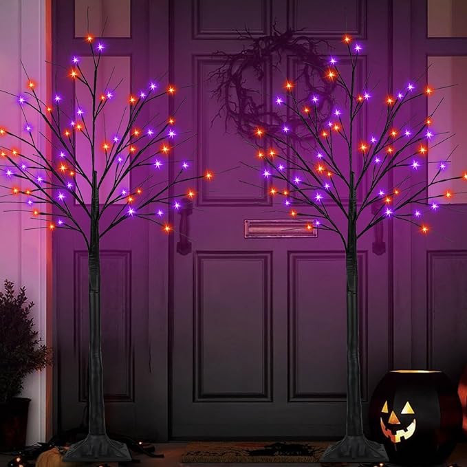 Set of 2 LED Black Trees with Purple and Orange Lights - 5 Ft