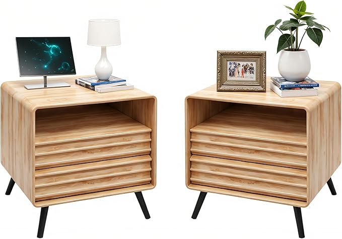 Set of 2 Mid Century Modern Fluted Nightstands in Natural Oak