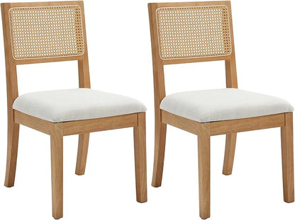 Natural Rattan Dining Chairs - Set of 2, Farmhouse Natural Dining Room Chairs with Upholstered Cushion, Wood Armless Chairs for Kitchen/Restaurant