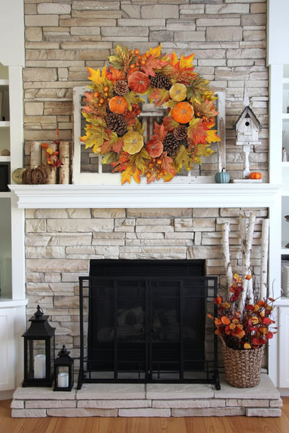 Extra Large 26 inch Autumn Wreath with Velvet Pumpkins, Natural Pine Cones, &amp; Maple Leaves - Metal Hook Included