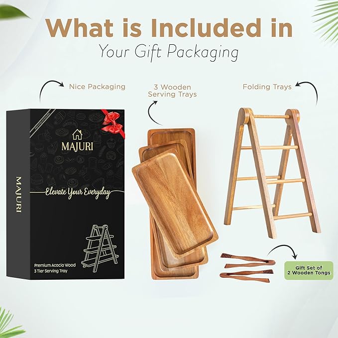 3 Tier Wooden Serving Tray with Tongs