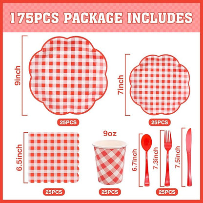 175 Pcs Red Gingham Plates and Napkins Party Supplies - Serve 25 Guests