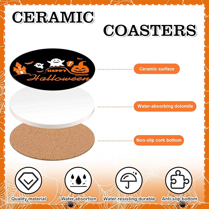 Set of 4 Orange/Black Halloween Ceramic Coasters