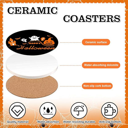 Set of 4 Orange/Black Halloween Ceramic Coasters