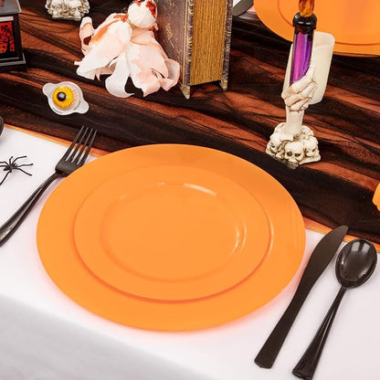 Set of 60 Heavy Duty Orange Plastic Plates Disposable for Halloween &amp; Thanksgiving Parties - Serves 30 Guests
