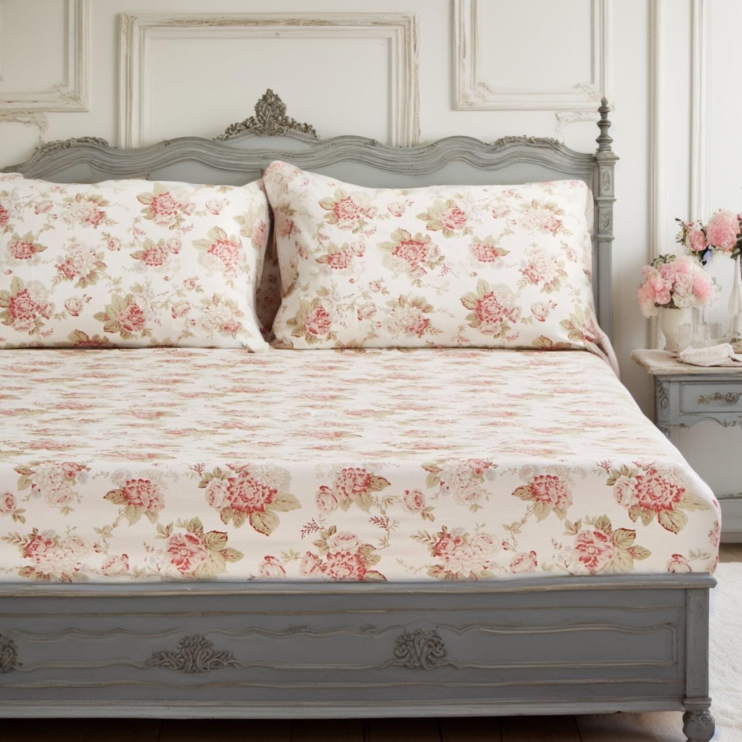 Hint of Mint Dainty Cottage Floral Cotton Fitted Sheet w/ Pillow Case