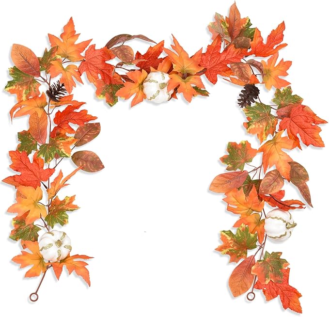 6ft Fall Garland - Orange Leaves/White Pumpkins/Pinecones