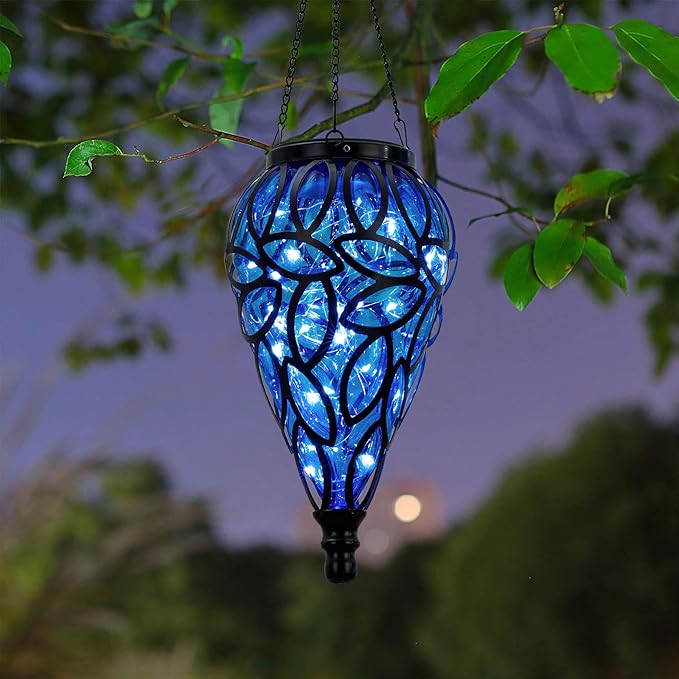 Outdoor Solar LED Hanging Lantern - Blue Teardrop