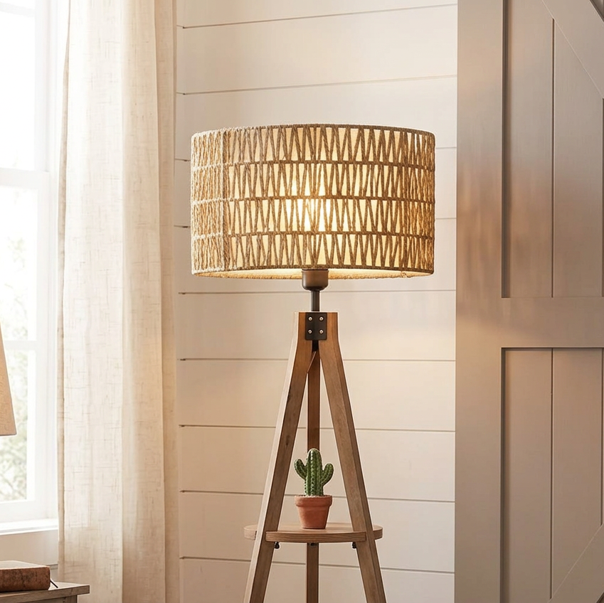 Modern Farmhouse Tripod Floor Lamp with Shelf