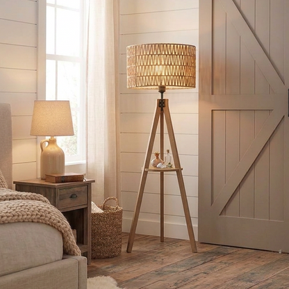 Modern Farmhouse Tripod Floor Lamp with Shelf