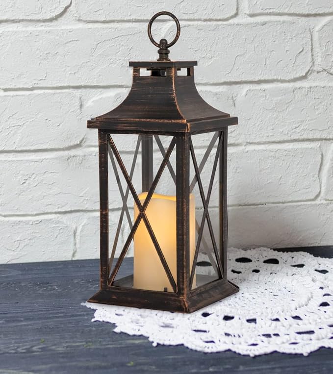 Set of 2 Antique Brushed Copper Lanterns with LED Flameless Candles