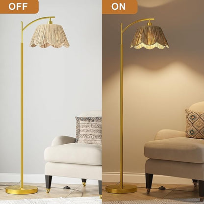 Boho Floor Lamp with Handwoven Rattan Shade - Gold