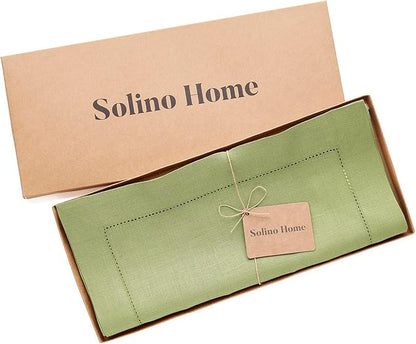 100% Pure Linen Hemstitch Table Runner 14 x 72 Inch - Moss Green