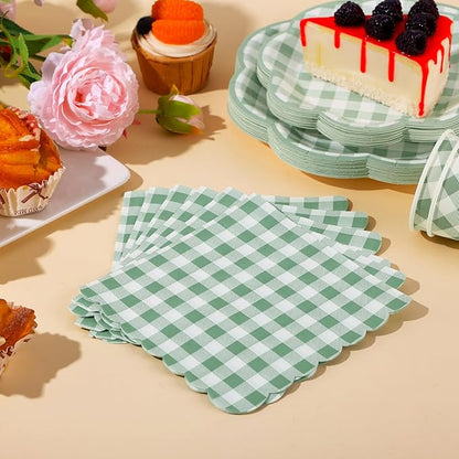 350 Piece Sage Green Gingham Paper Plates and Napkins Party Supplies for 50 Guests