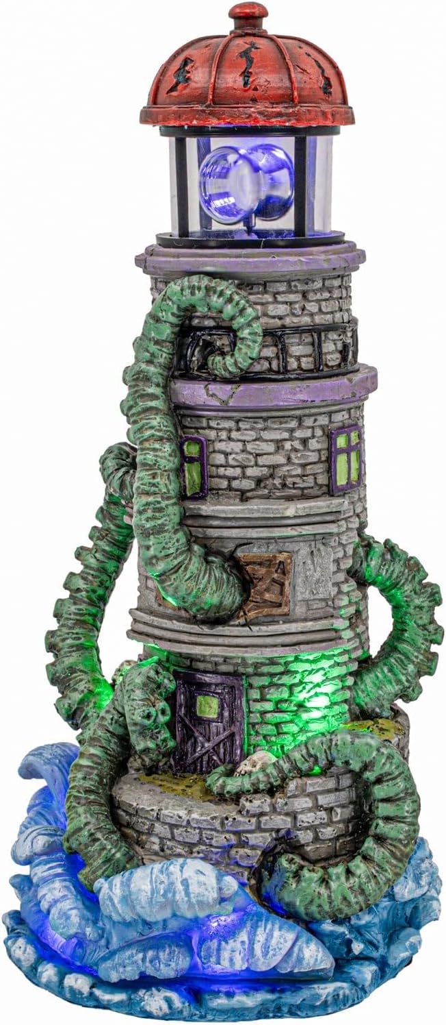 Kraken Theme Spooky Halloween Village Lighthouse w/ Animated Rotating Food Light and Music - 6" x 5.5" x 12"