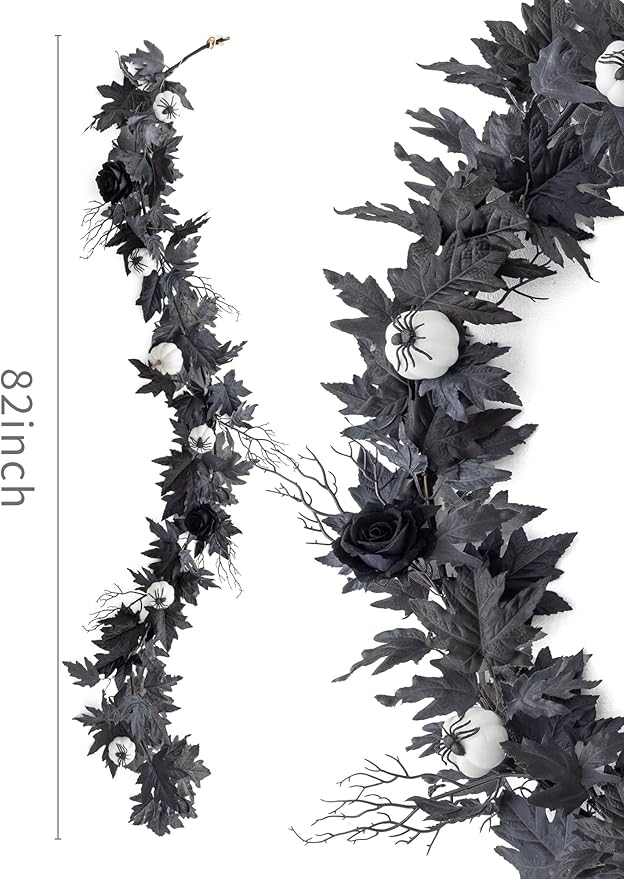 Black Maple Leaf Garland w/ White Pumpkins and Creepy Black Spiders