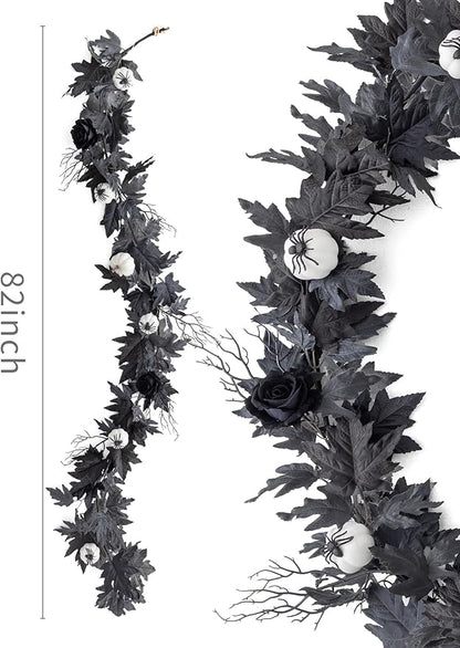 Black Maple Leaf Garland w/ White Pumpkins and Creepy Black Spiders