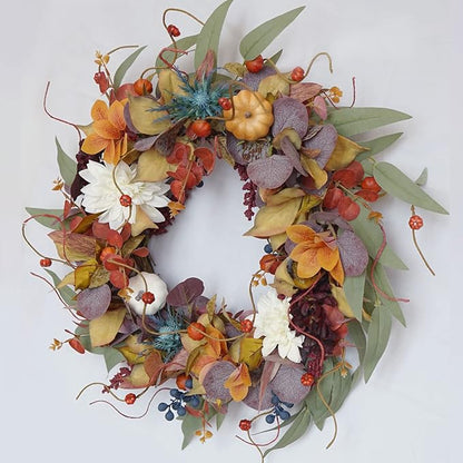 24 Inch Autumn Wreath with Pumpkins, Silk Leaves &amp; Purple Flowers