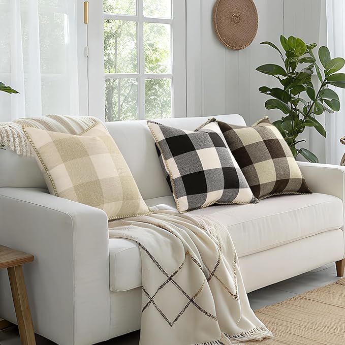 Set of 2 Buffalo Plaid Check Throw Pillow Covers -  22x22, Brown
