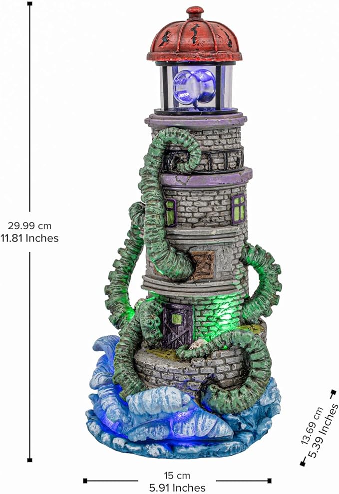 Kraken Theme Spooky Halloween Village Lighthouse w/ Animated Rotating Food Light and Music - 6" x 5.5" x 12"