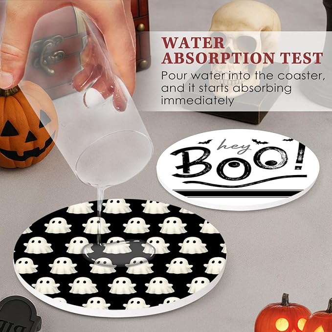 Set of 6 Halloween Hey Boo Black &amp; White Ceramic Stone Drink Coasters with Cork Base and Metal Holder