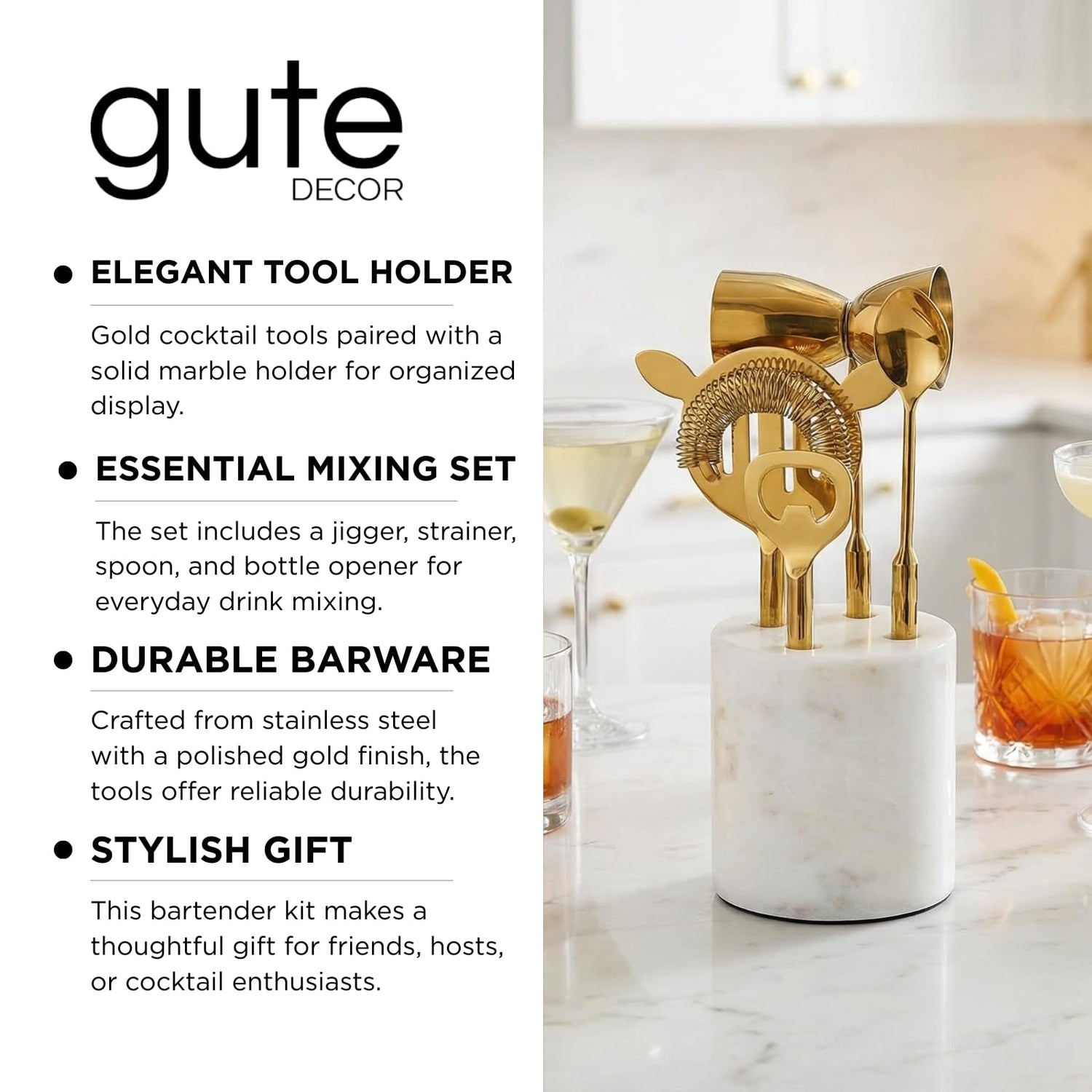 Gold &amp; Marble Cocktail Bar Tool Set - 5 Piece