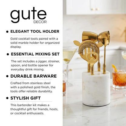 Gold &amp; Marble Cocktail Bar Tool Set - 5 Piece