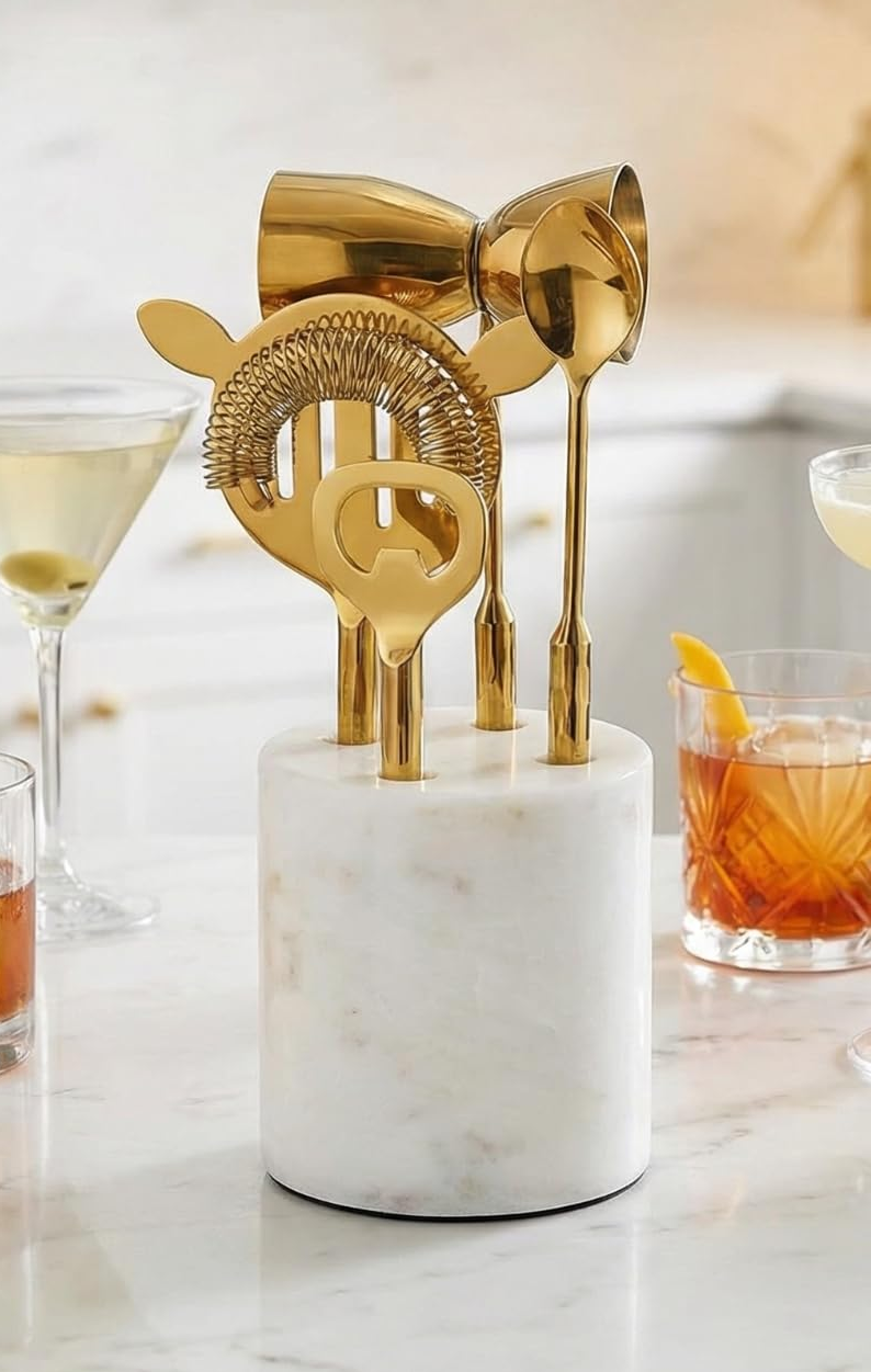 Gold &amp; Marble Cocktail Bar Tool Set - 5 Piece