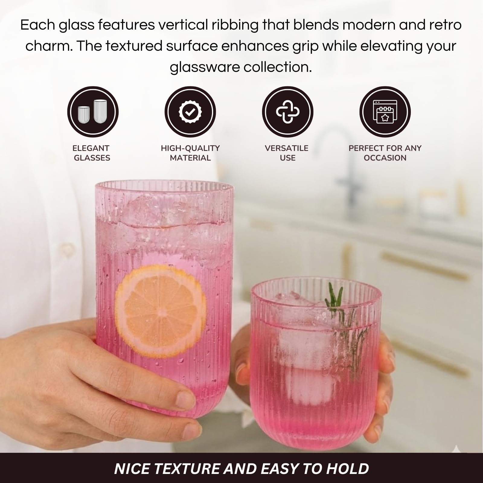 Set of 8 Ribbed Glasses - 4 Highball Glasses &amp; 4 Lowball