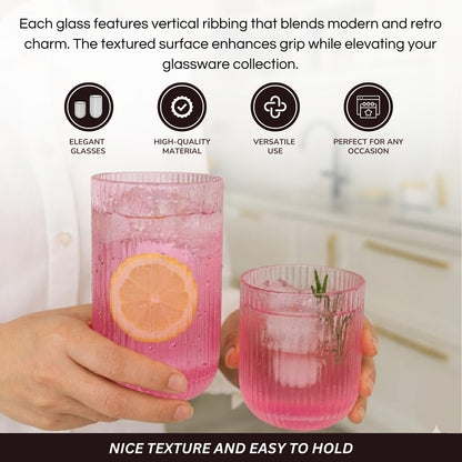 Set of 8 Ribbed Glasses - 4 Highball Glasses &amp; 4 Lowball