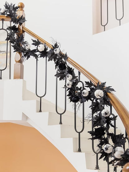 Black Maple Leaf Garland w/ White Pumpkins and Creepy Black Spiders
