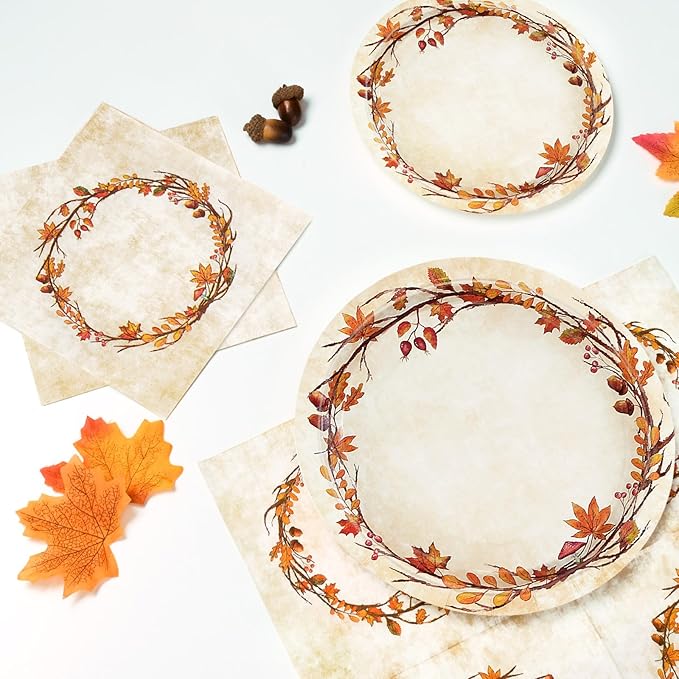 200 Pcs Fall Paper Plates and Napkins - Serves 50 Guests