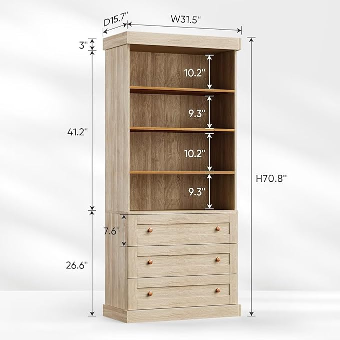 Tall Farmhouse Bookcase with Drawers, Set of 4 – Natural