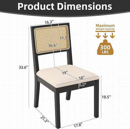 Black Rattan Dining Chairs with Upholstered Cushions - Set of 6