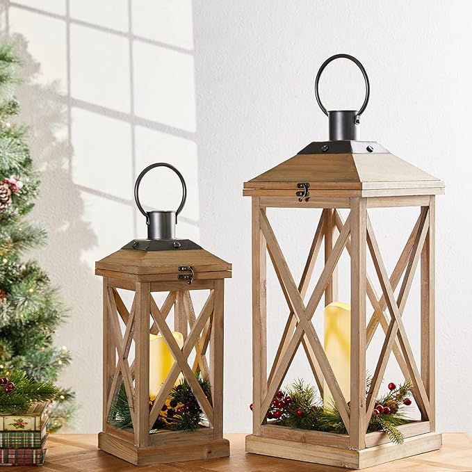 Set of 2 Modern Farmhouse Wood and Metal Lanterns - Natural (No Glass)