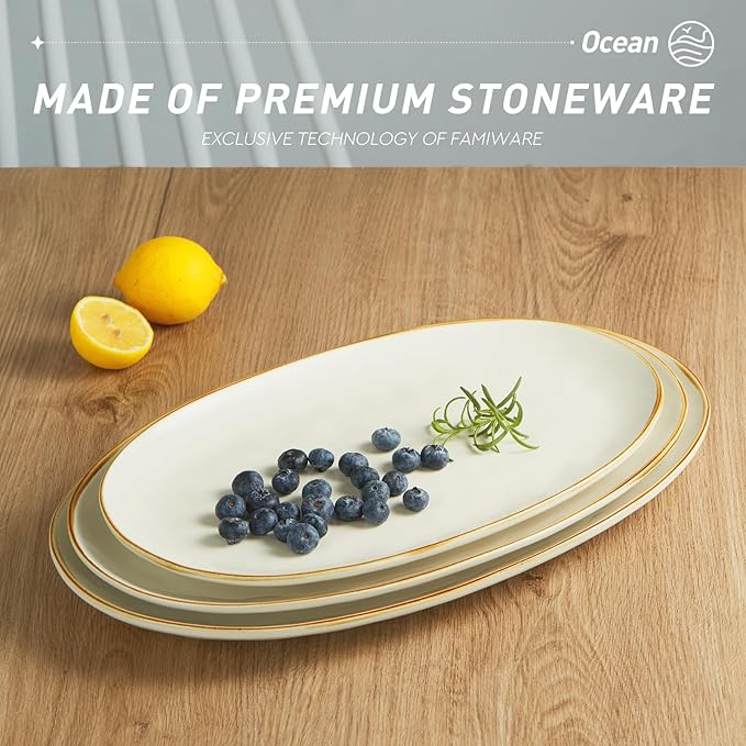 Set of 3 Fine Ceramic Oval Serving Platters - Vanilla