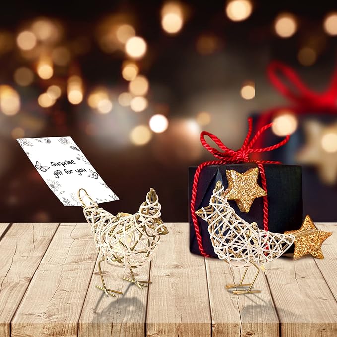 Woven Bird Duo - Metal &amp; Rattan Tabletop Sculptures/Card Holders/Hanging Ornaments - Set of 2