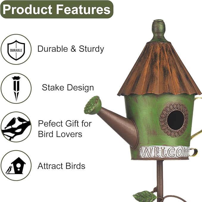 BAYN 57” Metal Watering Can Birdhouse Garden Stake
