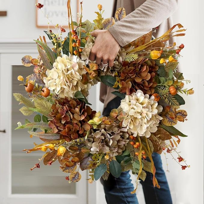 24 Inch Rustic Fall Wreath with Hydrangea &amp; Mini Pumpkins